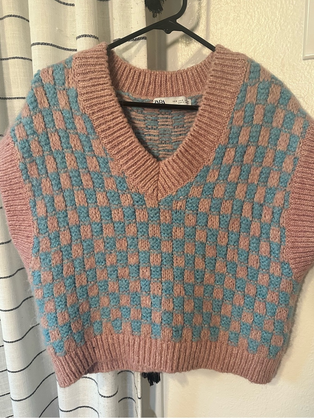 Zara Pink & Light Blue Check V-Neck Sweater Vest